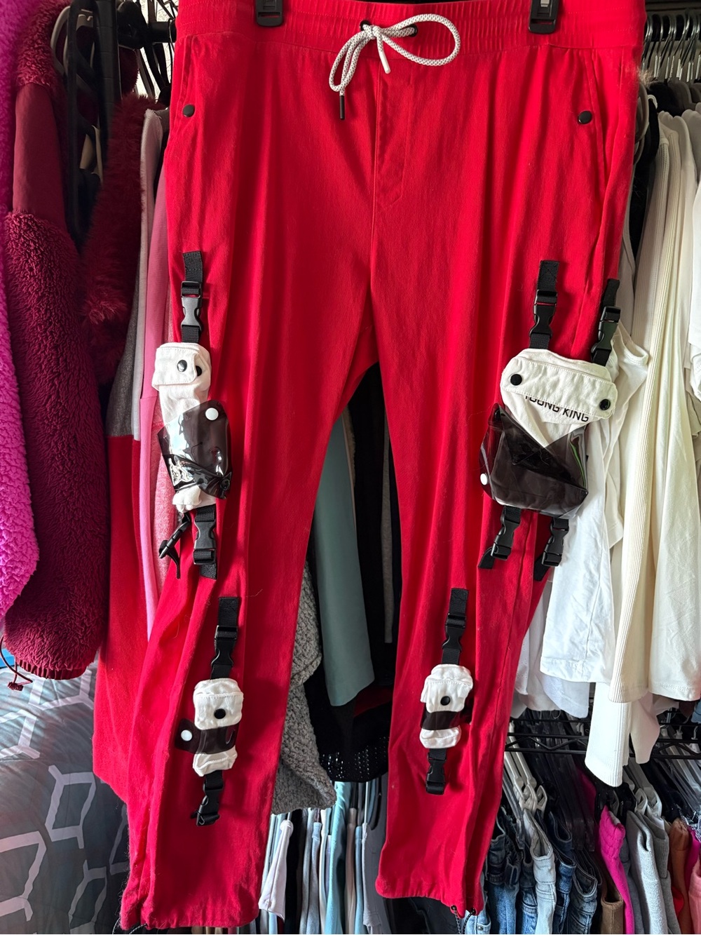 Red Men's Utility Strap Joggers with Removable Pouches